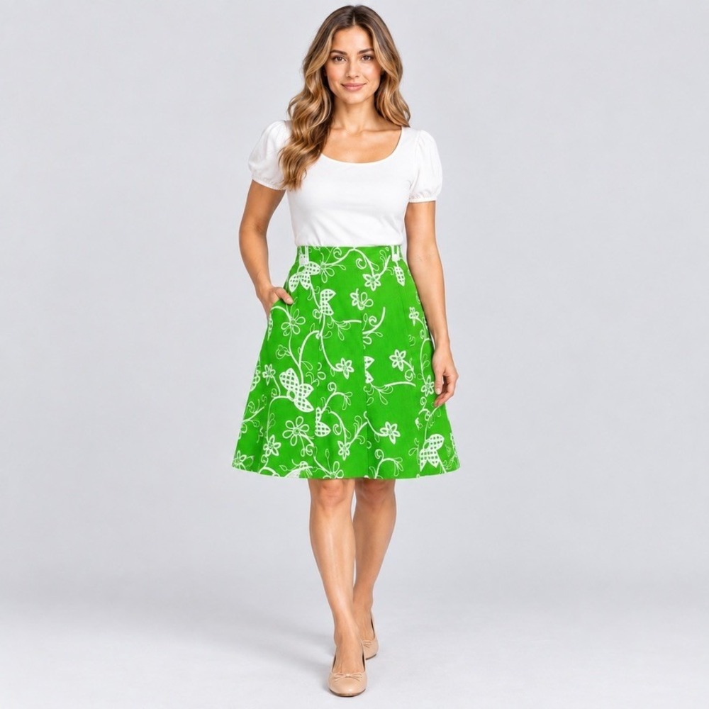Molly & Maxx Womens 12 Green Floral Embroidered Linen A-Line Midi Skirt Boho B55